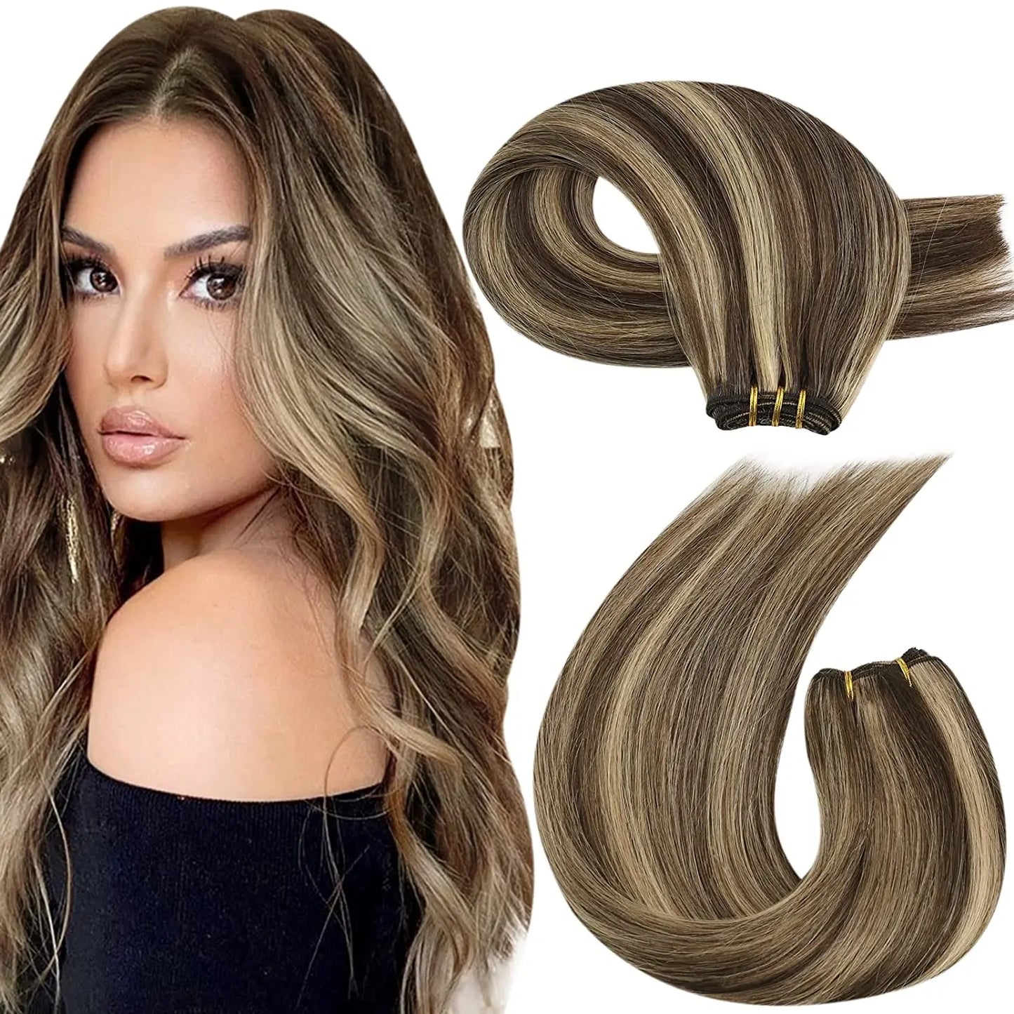 Moresoo Human Hair Bundles Weave in Double Wefted Machine Remy Hair Balayage Hair Pieces for Women Straight Weft Hair Extension