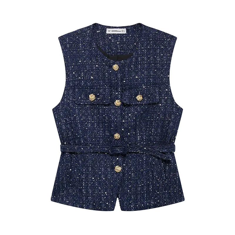 Women's Tweed Waistcoat With Belt, O Neck, Sleeveless, Front Button, Female Outerwear, Chic Tops, Fashion