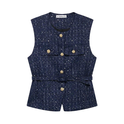 Women's Tweed Waistcoat With Belt, O Neck, Sleeveless, Front Button, Female Outerwear, Chic Tops, Fashion