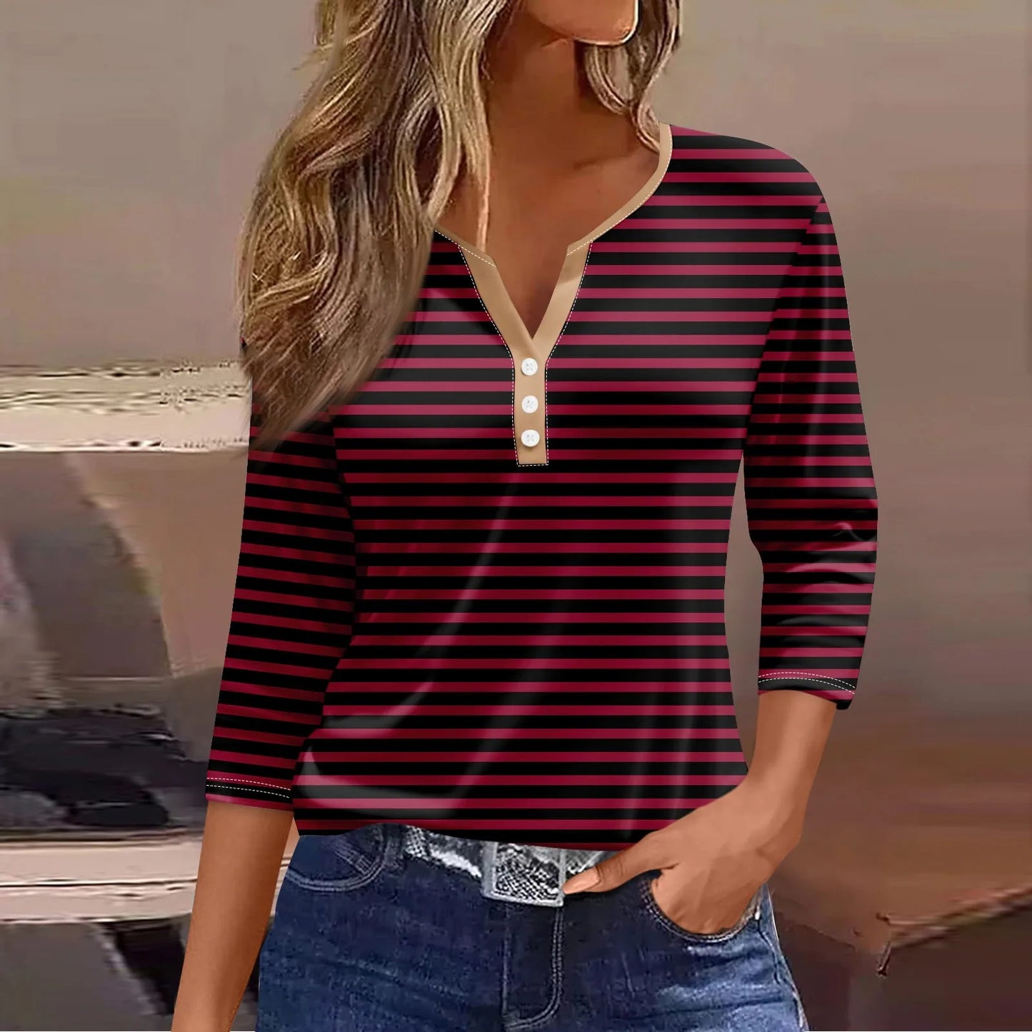 Tops For Women Women'S T Shirt Tee Print Button 3/4 Sleeve Daily Weekend Fashion Basic V Neck Regular Top Ropa De Mujer New