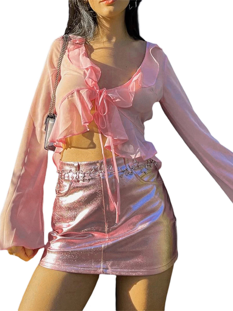 Women Sexy Sheer Crop Tops Pink Long Sleeve Flared Deep V Neck Pleated Hem Tops for Summer Clothing Fairycore Blouse Streetwear