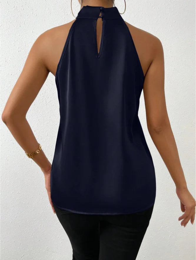 2025 Women's Tanks Top Camis Hanging Neck Strap Design Satin Gloss Loose Sleeveless Blouses Blusas Mujer Moda Black Sexy Shirt