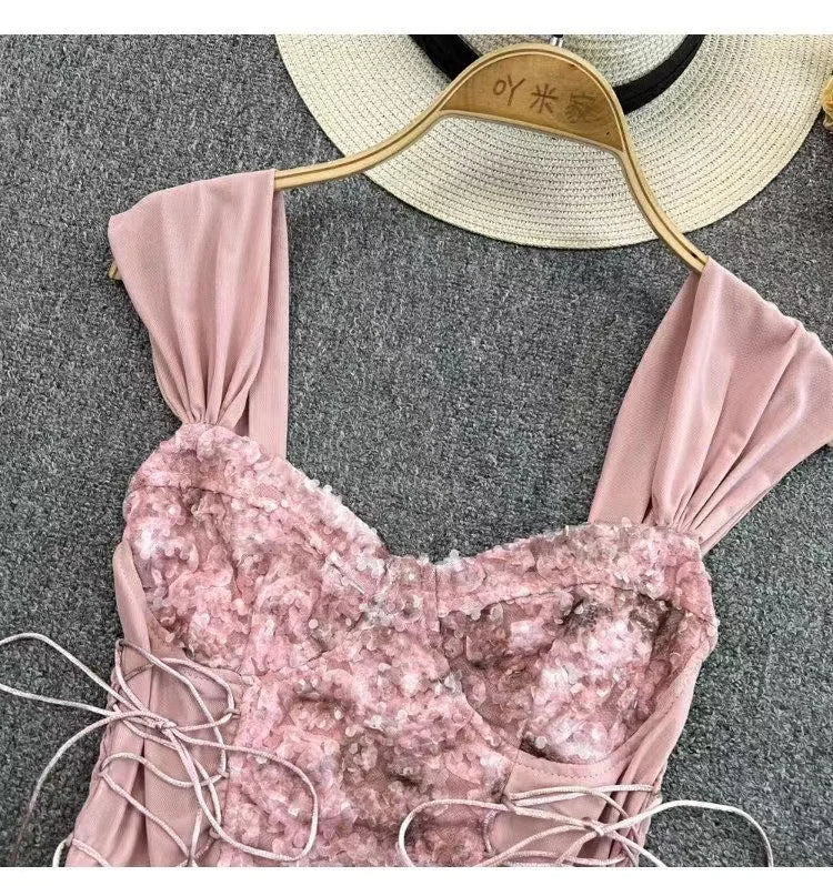 Women Corset Top Y2K Clothes Lolita Ruffles Flower Lace Tank Top Summer French Tube Tops Cute Clothes Pink Crop Tops