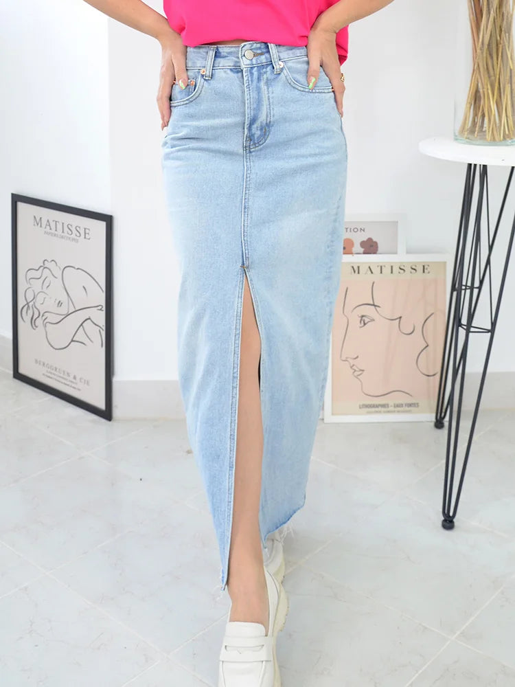MiuKoMiYa Long Denim Skirts For Women Maxi Spring 2025 Black Front Slit Jean Skirts Womens Long Streetwear Blue Skirt Denim Maxi