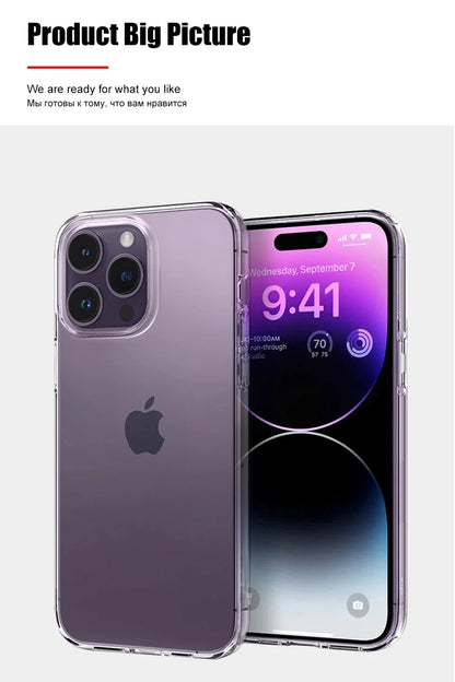 Original Transparent Phone Case For iPhone 15 14 12 11 13 Pro Max Mini Shockproof Cover X XR 8 7 6 Plus SE Clear Soft TPU Cases