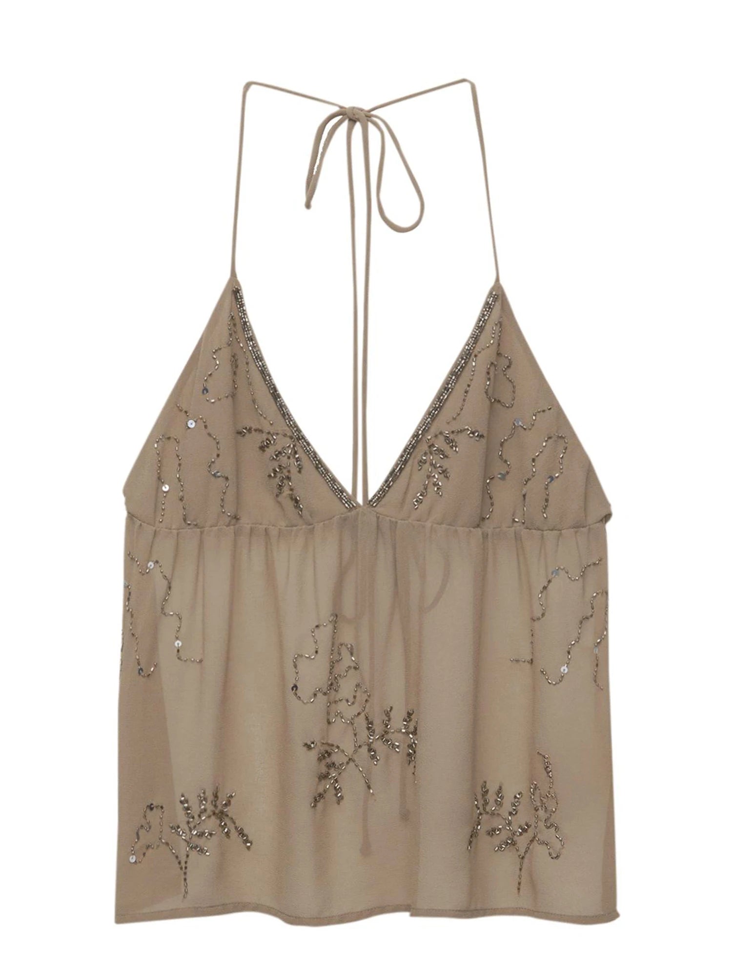 Women Halter Top Tie-Up Sleeveless Tops Shiny Beaded Summer Vest For Beach Vacation Summer Party Daily Wear Streetwear