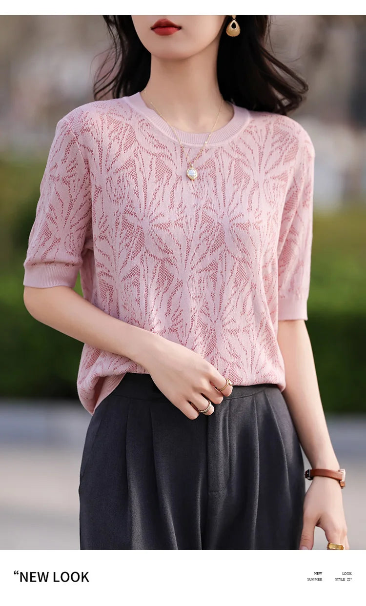 T-shirt Women Tops Summer 2025New Clothing Body O-neck Half Sleeve Tees Shirt  Solid Color Maple Leaf Pattern Casual Fashion Top