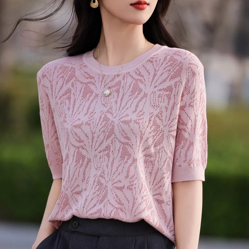 T-shirt Women Tops Summer 2025New Clothing Body O-neck Half Sleeve Tees Shirt  Solid Color Maple Leaf Pattern Casual Fashion Top