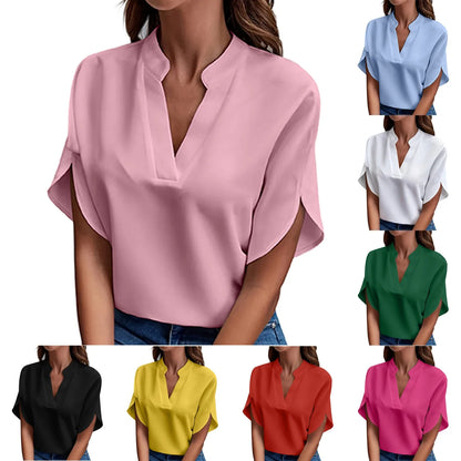 Summer Tops For Women Blouse 2024 Fashion Short Sleeve Solid V Neck Loose Shirts And Blouses Elegant Laies White Tops