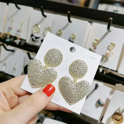 Heart Earrings  Women's Luxurious Geometric Full Rhinestone Earrings Korean Gold Color Love 2023 Fashion Jewelry Accessories
