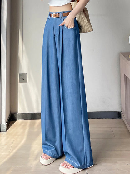 Women's Leisure Commuting Tencel Wide-Leg Jeans 2025 Spring Summer Comfortable Soft Ice Silk High Waisted Straight Jeans