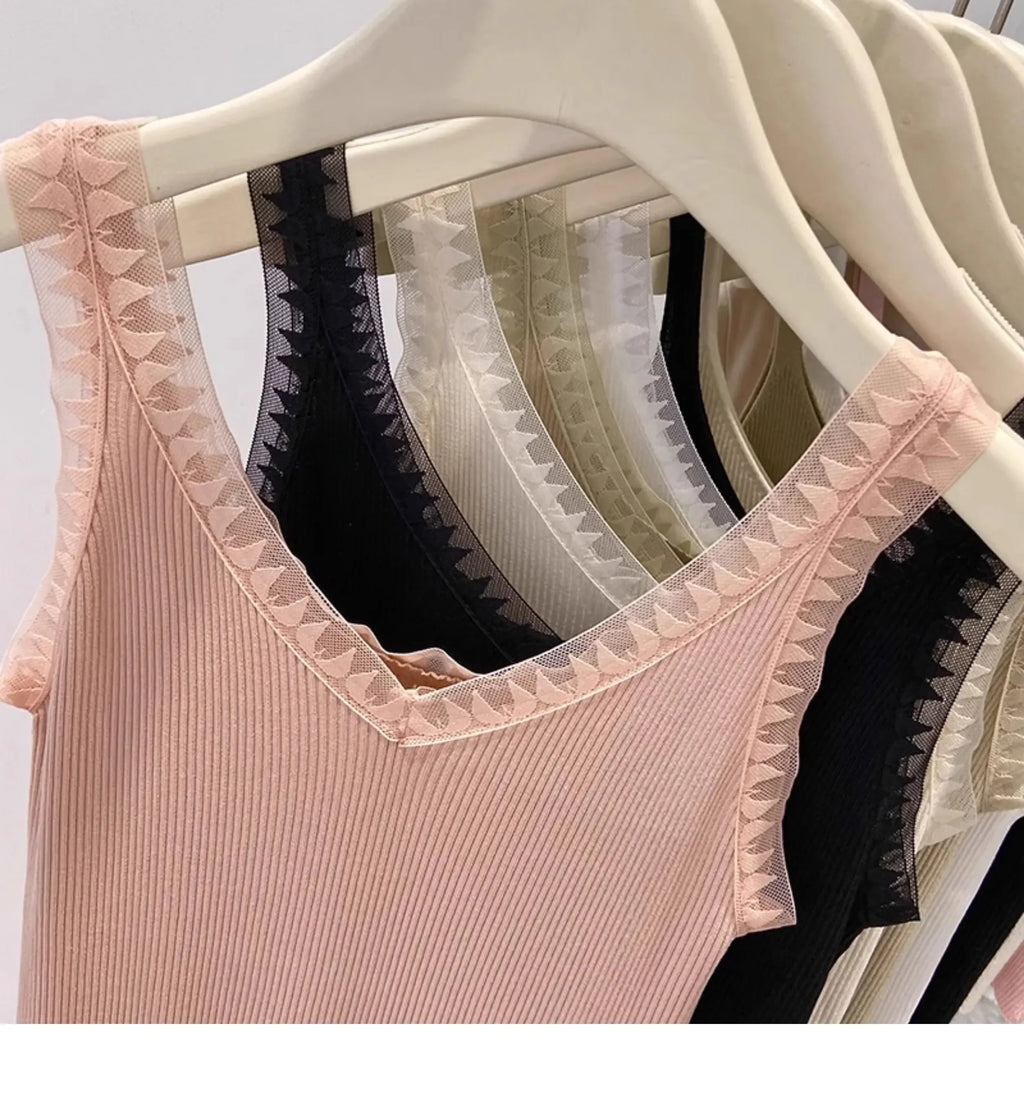 2025 Women Summer Fashion Thin Knitted Undershirt Sleeveless Corset Top Half High Neck Comfortable Breathable Lace Tank Top New