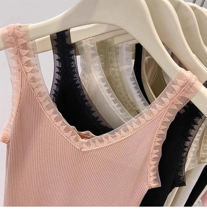 2025 Women Summer Fashion Thin Knitted Undershirt Sleeveless Corset Top Half High Neck Comfortable Breathable Lace Tank Top New