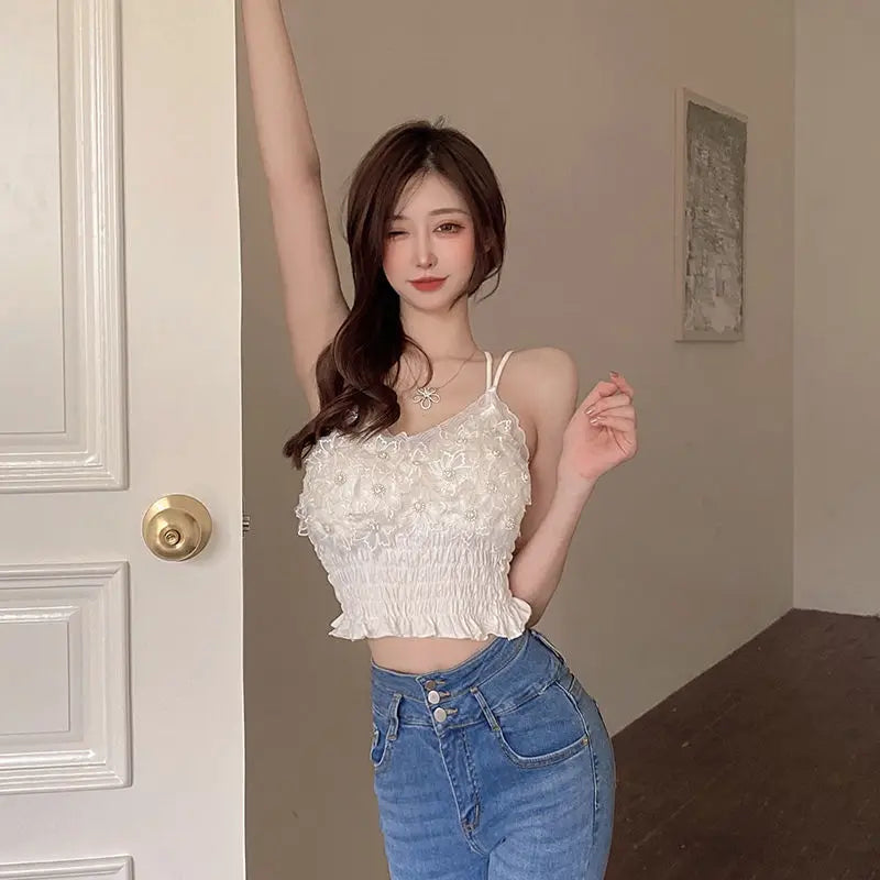 Summer Woman Clothes y2k Tops French Diamond Appliqué Camisole Bottoming Shirt Lace Crop Top Women's Folds Spaghetti Strap Tops