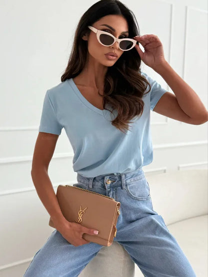 Women's Blouses T-shirt New Fashion Summer Pullover Tops White Short Sleeve Slim Fit V-Neck T-Shirt For Women Casual Clothing