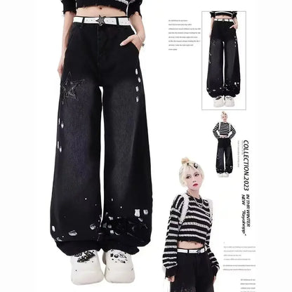 Women Clothing Black Gothic Jeans Pink Cross Y2k Oversize Loose Aesthetic Denim Trousers Harajuku Korean 2000s Jean Trashy Pants