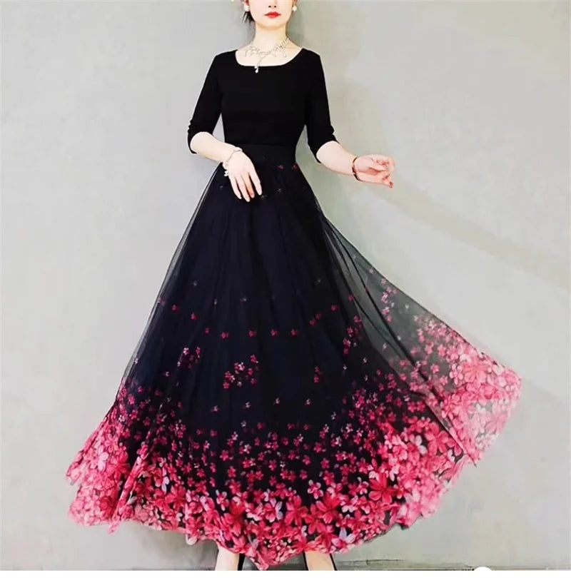 Skirt Women's Long Skirt 2024 New High Waist Slim A-line large Swing Skirt Female A-Line Skirts Summer Sakura Gradient Long Skir