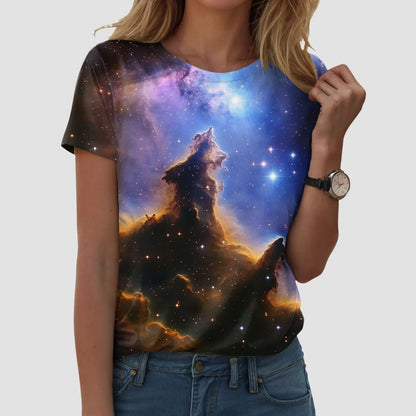 Top blouse woman trend 2025 women 3D galaxy print t shirts glitter shirts blouse fashionable Starry Sky summer ropa para Mujer