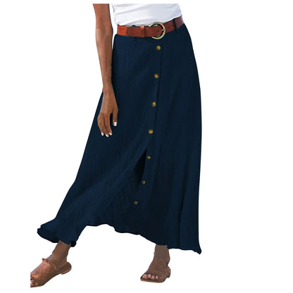 Midi Skirts For Women Bohemian Style Daily And Versatile Half Skirt Fashion Plain Color Basics High Waist Beach Button Dress