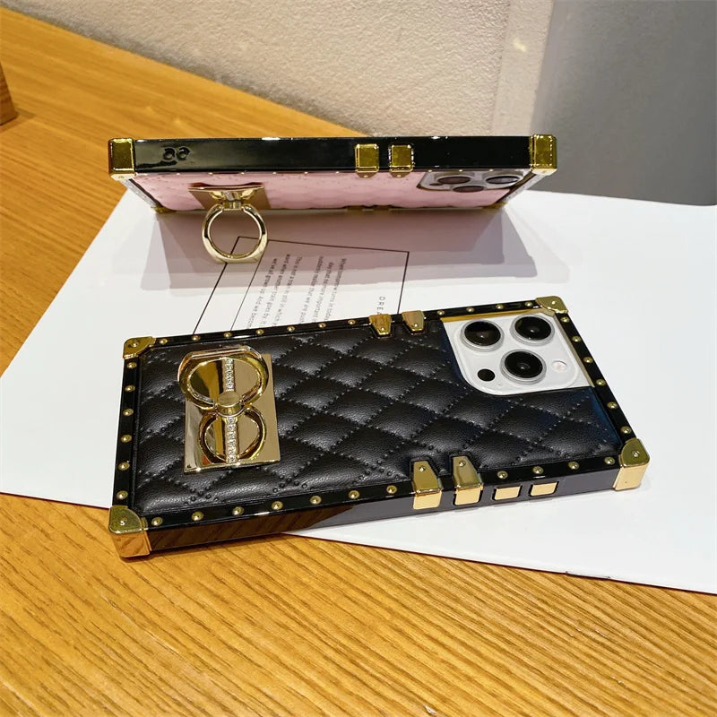 Elegant PU Leather Phone Case For iPhone 16 Pro Max Luxury Square Cases For iPhone 15 14 11 Pro 12 13 Mini XR X Max Back Cover