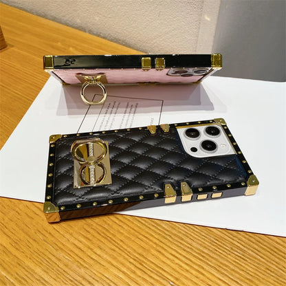 Elegant PU Leather Phone Case For iPhone 16 Pro Max Luxury Square Cases For iPhone 15 14 11 Pro 12 13 Mini XR X Max Back Cover