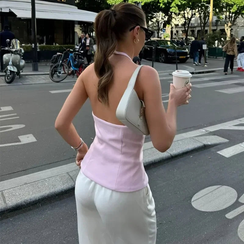 Bow Backless Vest Women Summer Sleeveless Halter Hollow Top Elegant Slim Skirt New Y2k Female Tanks Short Top Office