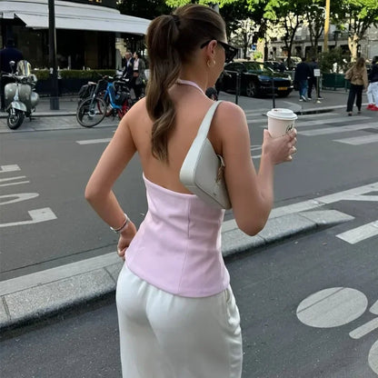 Bow Backless Vest Women Summer Sleeveless Halter Hollow Top Elegant Slim Skirt New Y2k Female Tanks Short Top Office