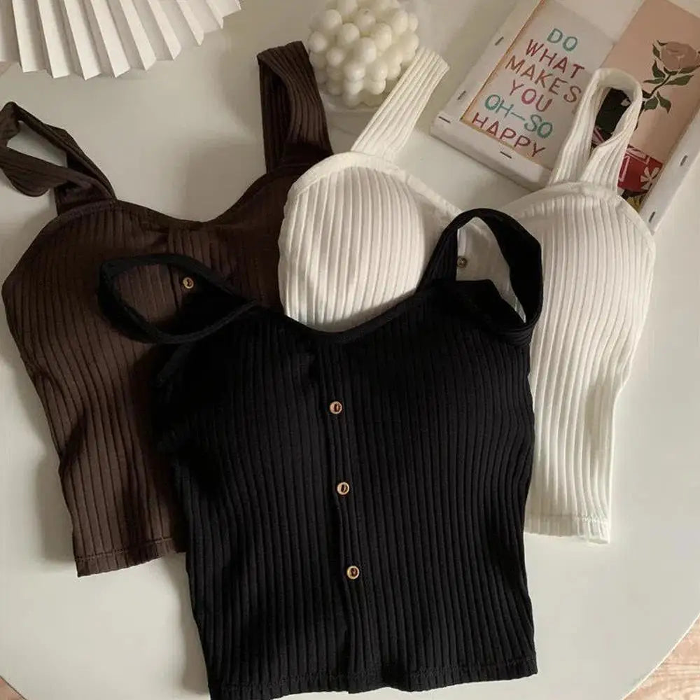 Woman's Top With Built In Bra Button Padded Bra Lady's Top Strap Vest Tank Top Summer Girls Cute Women Casual Female Camisole