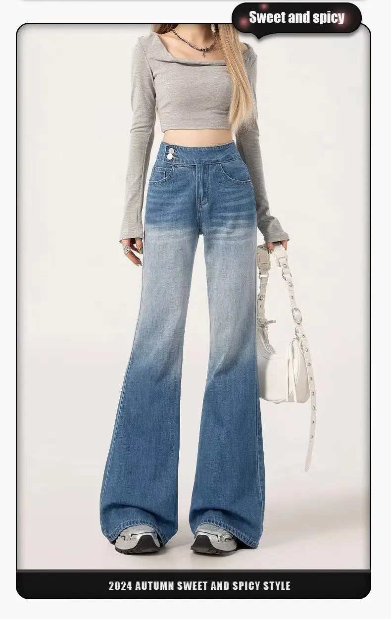 Slimming High-waisted Jeans for Women Spring Summer Pear-shaped Loose-fit Wide leg Jean Pants Bell Bottoms Female Denim Trousers