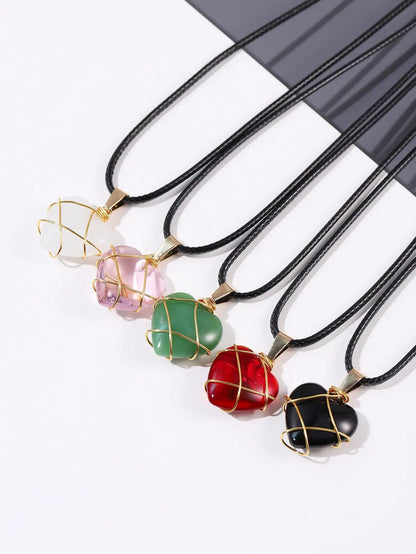 5pcs/Set Natural Stone And Crystal Necklace for Women Lovely Heart Shaped Stone Pendulum Amehtysts Opal Purple Crystal Choker