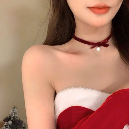 Elegant Bowknot Necklace Pearls Beads Pendant Clavicle Chain Velvets Bows Collarbone Chain Ornament for Women Girls