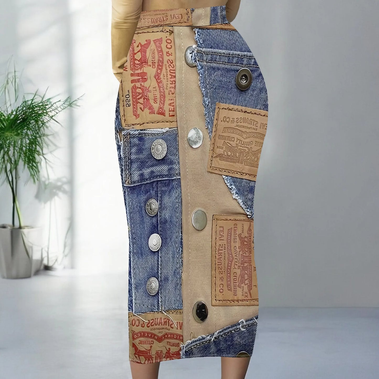 Womens Long Cotton Patchwork Stretch Denim Skirt a Line Flared Jean Maxi Skirt
