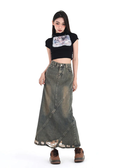 Women Denim Skirt Y2k Emo 2000s Clothes Long Skirt Harajuku Korean 90s Fashion Vintage Gradient A-line Jean Skirt Grunge Clothes