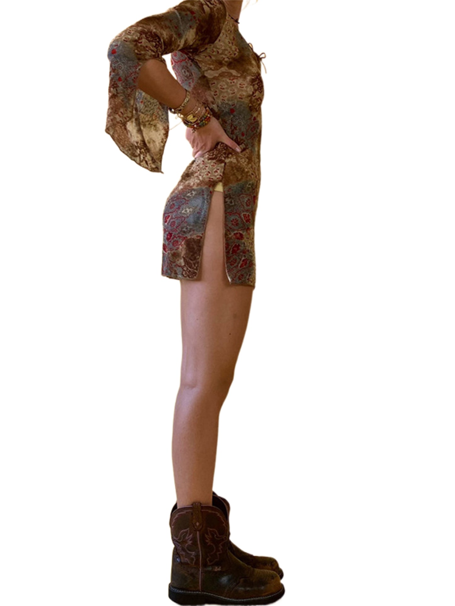 Fall Dresses For Women 2023 Y2k Club Dress Tie Up Vintage Print Flare Long Sleeve Slit  Grunge Mini Dress