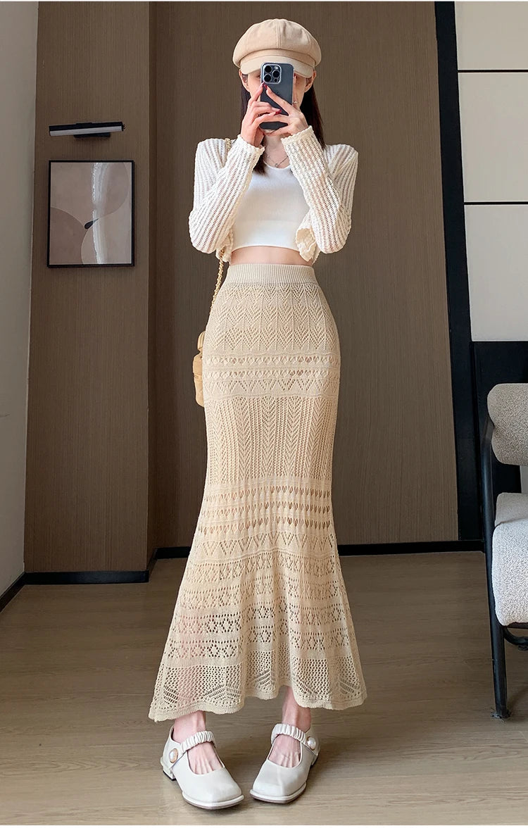 Skirts Women Trumpet High Waist Long Skirt Female Summer Elegant Knitted Hollow Out Fahison Skirt Bottom
