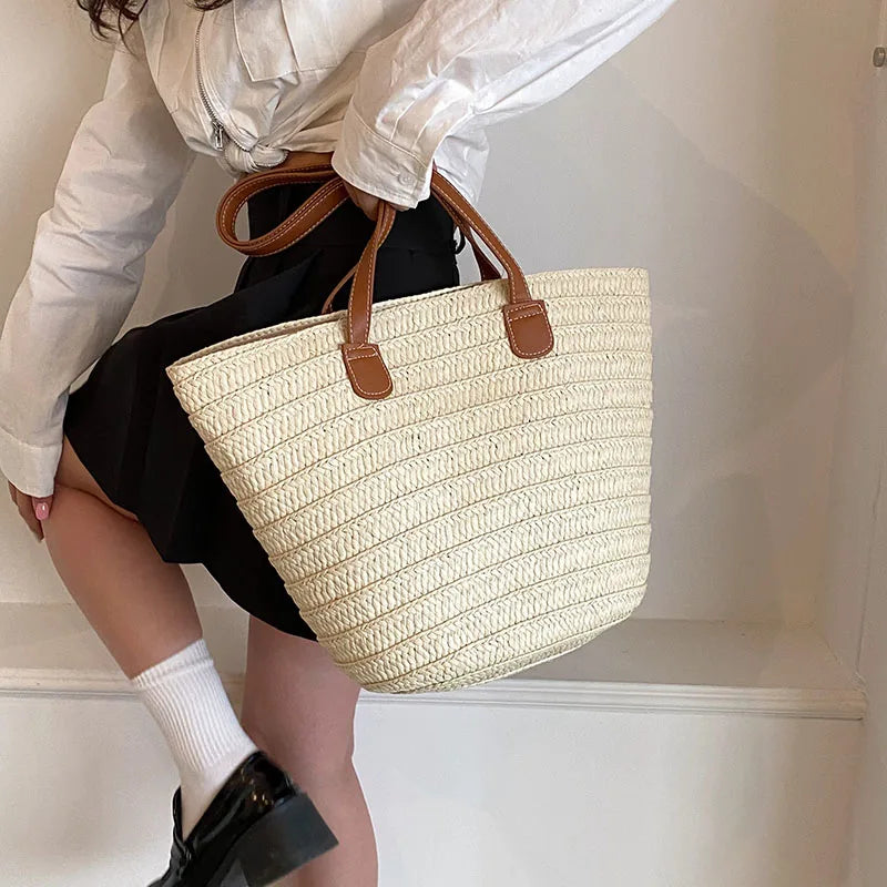 Women Braided Basket Clutches Top-handle Bag Large Straw Portable Shoulder Bag Summer Beach Party Purses Shopper Satchel Female