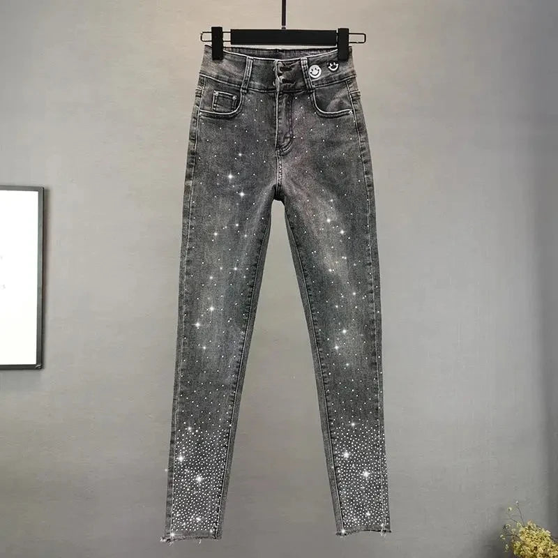 Women's Jeans 2025 Summer New Elastic Slim Heavy Industry Hot Diamond Small Foot Pencil Pants Female Casual Denim Trousers
