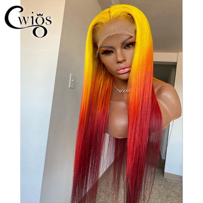 Body Wave Ombre Yellow Red Colored Glueless Transparent Synthetic 13X4 Lace Front Wigs For Women Preplucked Drag Queen Cosplay