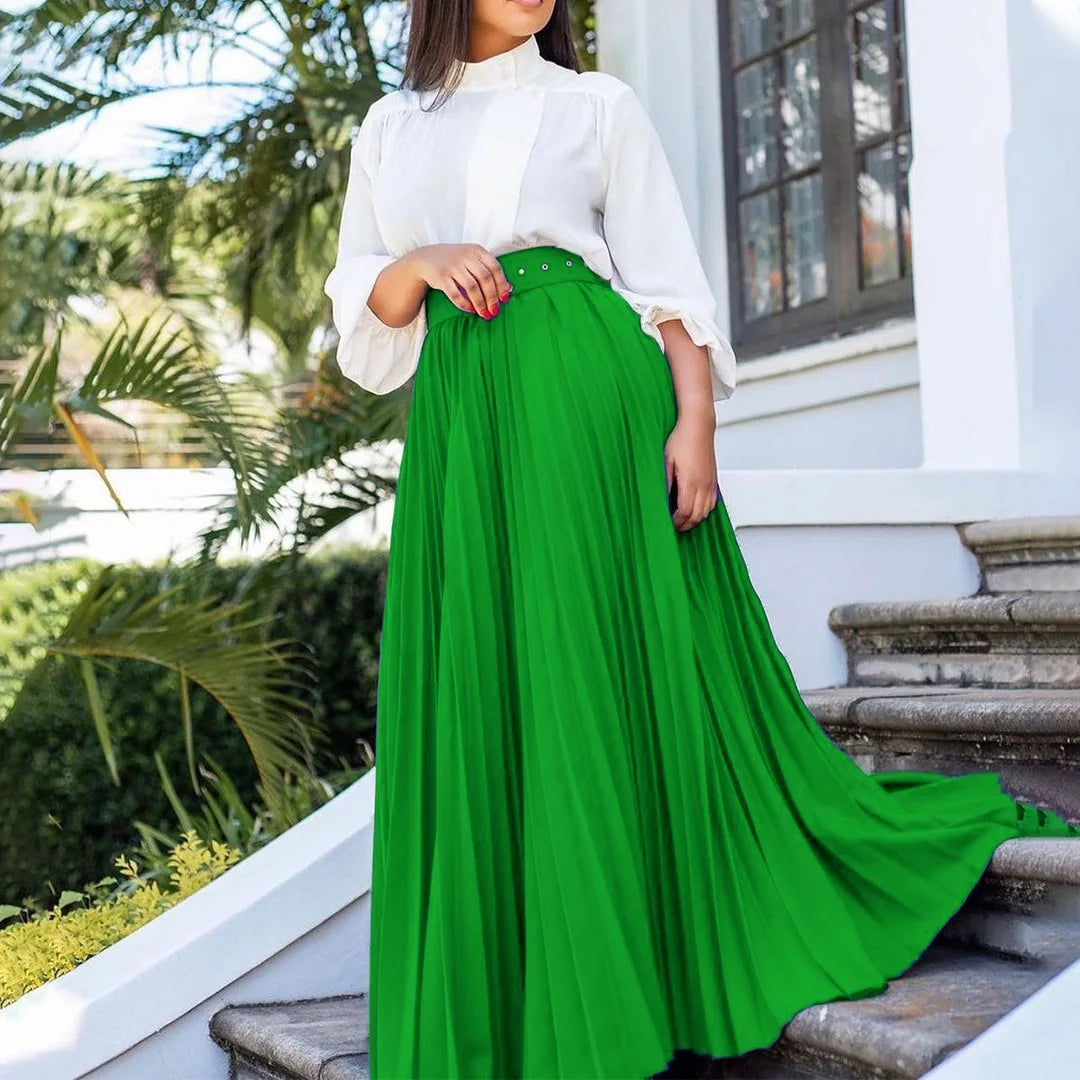 Elegant Pleated Skirts for Woman 2024 New High Waisted Belt Waisted Ankle Length Autumn Winter Wear Bottoms Skirts Clothes Hot