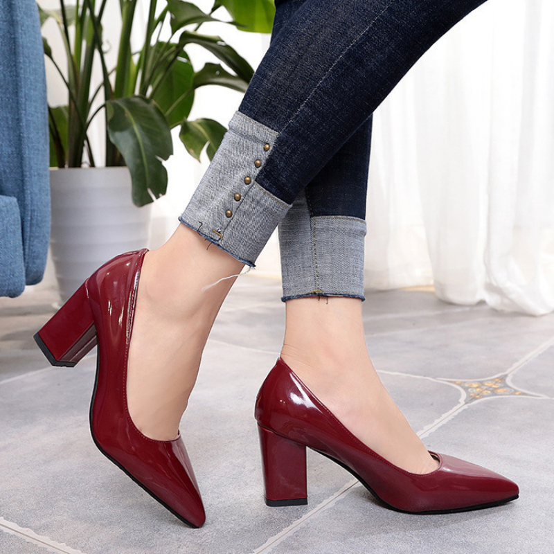 New Women's Work Shoes Pointed Toe Single Shoes with Chunky Heels Suitable for Office Cross Mirrored Big Size 33-43 Heels Women