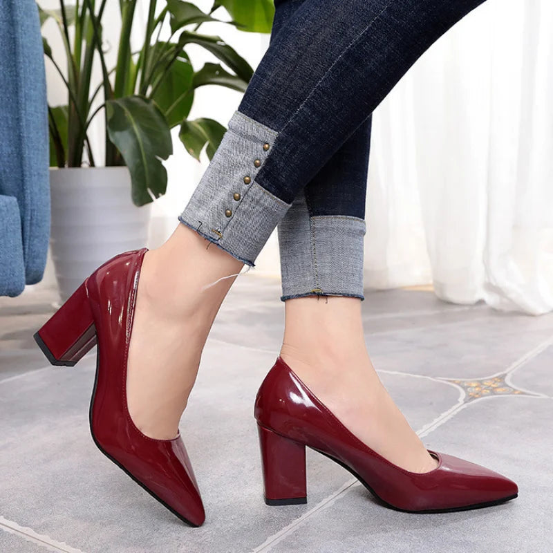 New Women's Work Shoes Pointed Toe Single Shoes with Chunky Heels Suitable for Office Cross Mirrored Big Size 33-43 Heels Women