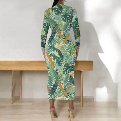 Date Night Dresses for Women Floral Print Crewneck Long Sleeve Stretchy Fitted Bodycon Maxi Dress