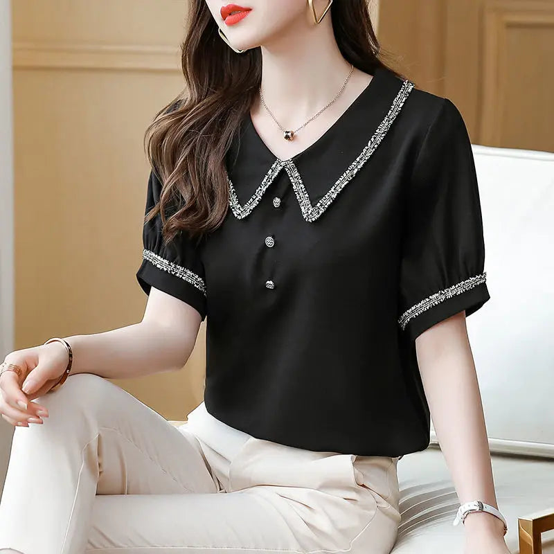 Top for Woman Office Outfits Clothing Black Women's Shirts and Blouses Chiffon Wear To Work Formal Collar Short Sleeve New 2024