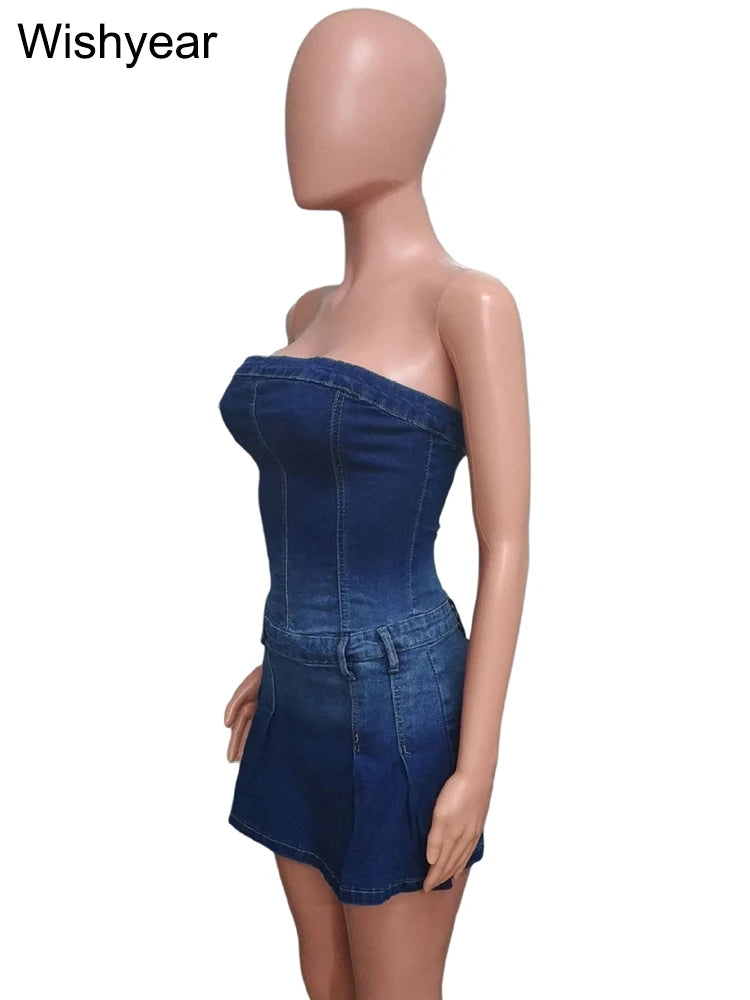 Sexy Blue Denim Strapless Skirts Shorts Women Summer Off Shoulder Jean Playsuits Rompers Streetwear Beach Club Short Jumpsuits