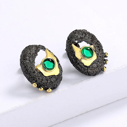 Earrings for Women Round Black Gold-Color Hollow Inlaid Green Crystal Jewelry Creative Birthday Gift  brincos