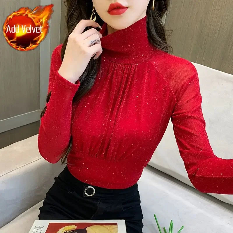Tops Woman Autumn Winter Red Long Sleeve T Shirt for Women Rhinestone Turtleneck Glitter Sequin Cheap Clothes Elegant Clearance