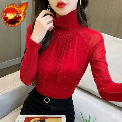 Tops Woman Autumn Winter Red Long Sleeve T Shirt for Women Rhinestone Turtleneck Glitter Sequin Cheap Clothes Elegant Clearance