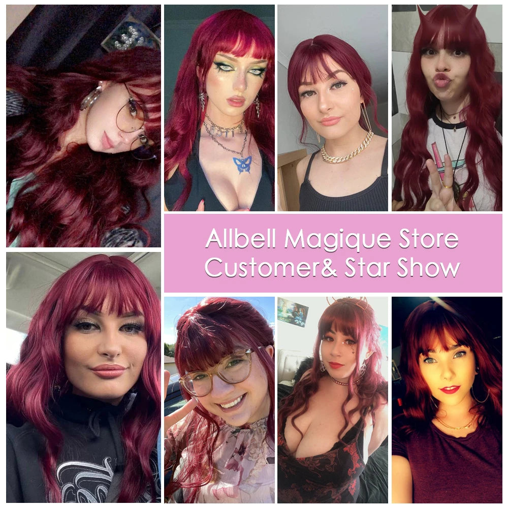 Long Wavy Wine Red Synthetic Wigs Natural Wave Afro Wigs With Bangs for Black Women Cosplay Costume Wig Heat Resistant Fiber