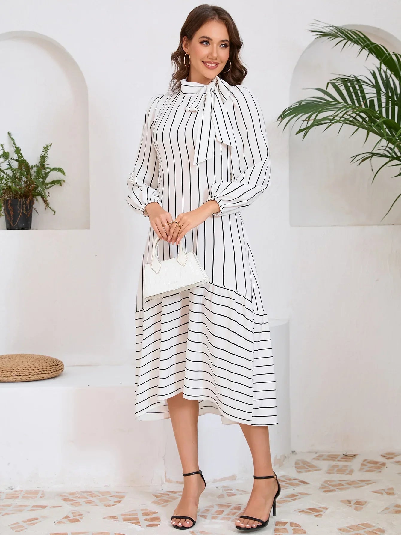 Women's Dresses Formal Fashion Office Lady Professional High-end Stand-up Collar Thin Striped Party Dress Vestidos De Mujer