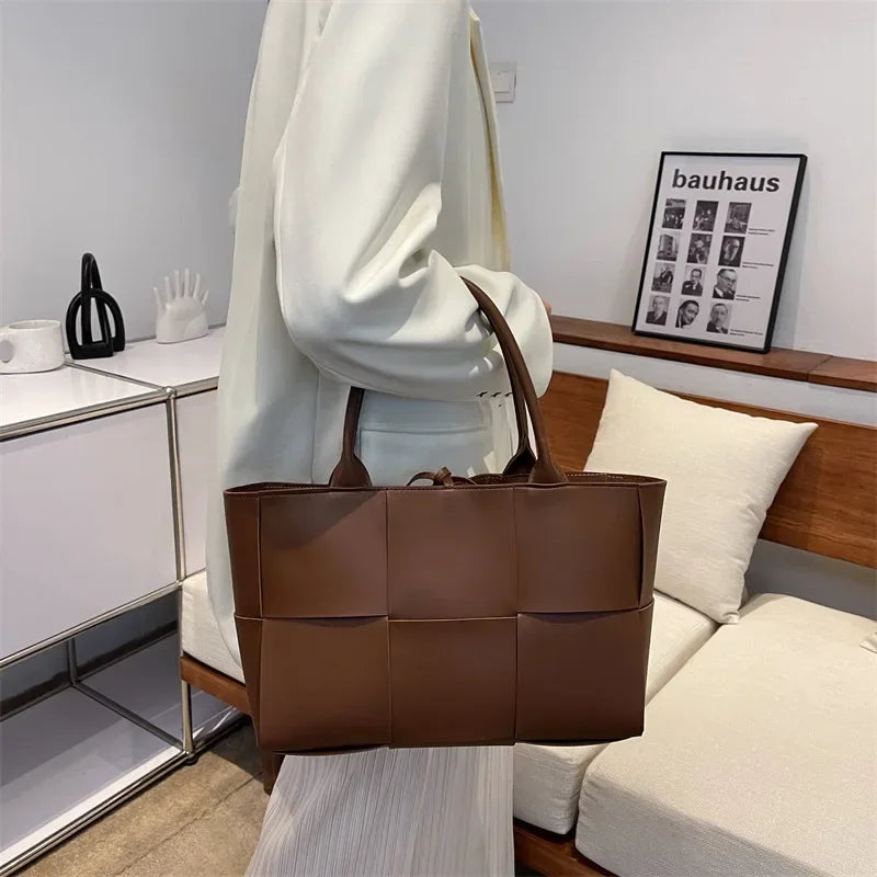 Large Capacity Handbags for Women 2022 Fashion Leather Woven Tote Bags Designer Solid Color Lacing Plaid PU Shoulder Bags